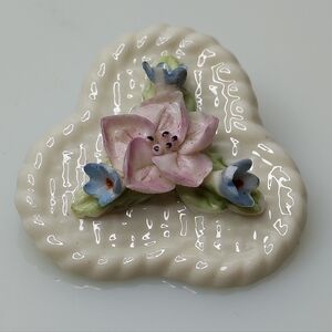 Belleek Heart Brooch with Pink and Blue Floral Design